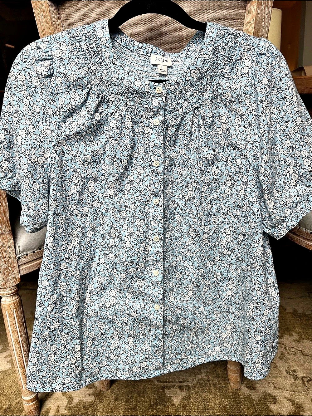 J.Crew Linen-blend short-sleeve smock-neck top, Blue & White